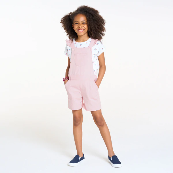 Girl's pink lyocell short overalls.