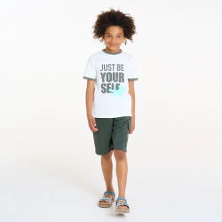 Boy's green cargo Bermuda shorts in brushed cotton