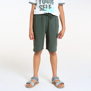 Boy's green cargo Bermuda shorts in brushed cotton