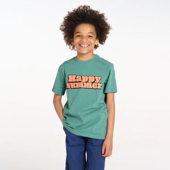 Boy's green slogan T-shirt with short sleeves