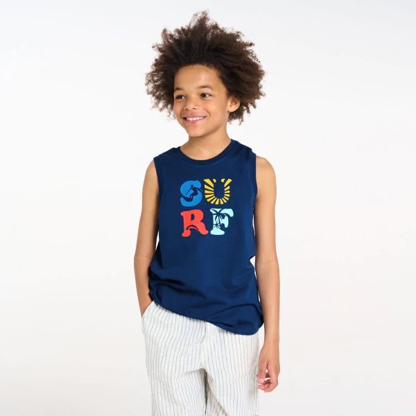 Boy's surf slogan navy blue vest top