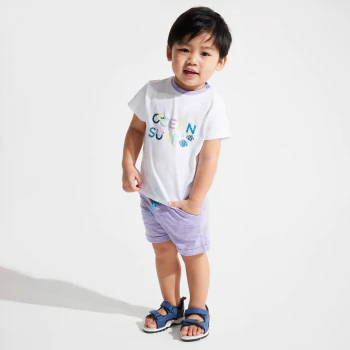 Baby Boy's ocean T-shirt and purple patterned shorts