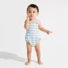 Baby boy's green striped romper suit