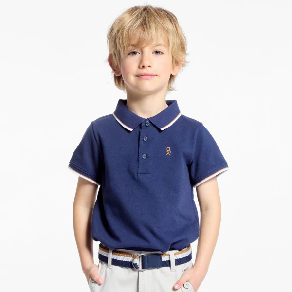 Boy's navy blue cotton piqué polo shirt with short sleeves