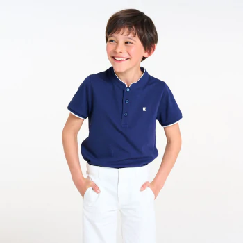 Boy's navy blue Mandarin collar short-sleeve polo shirt.