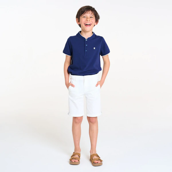 Boy's navy blue Mandarin collar short-sleeve polo shirt.