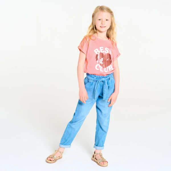 Girl's pink sequinned T-shirt with short sleeves