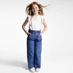 Girl's blue raw denim pleated wide-leg jeans